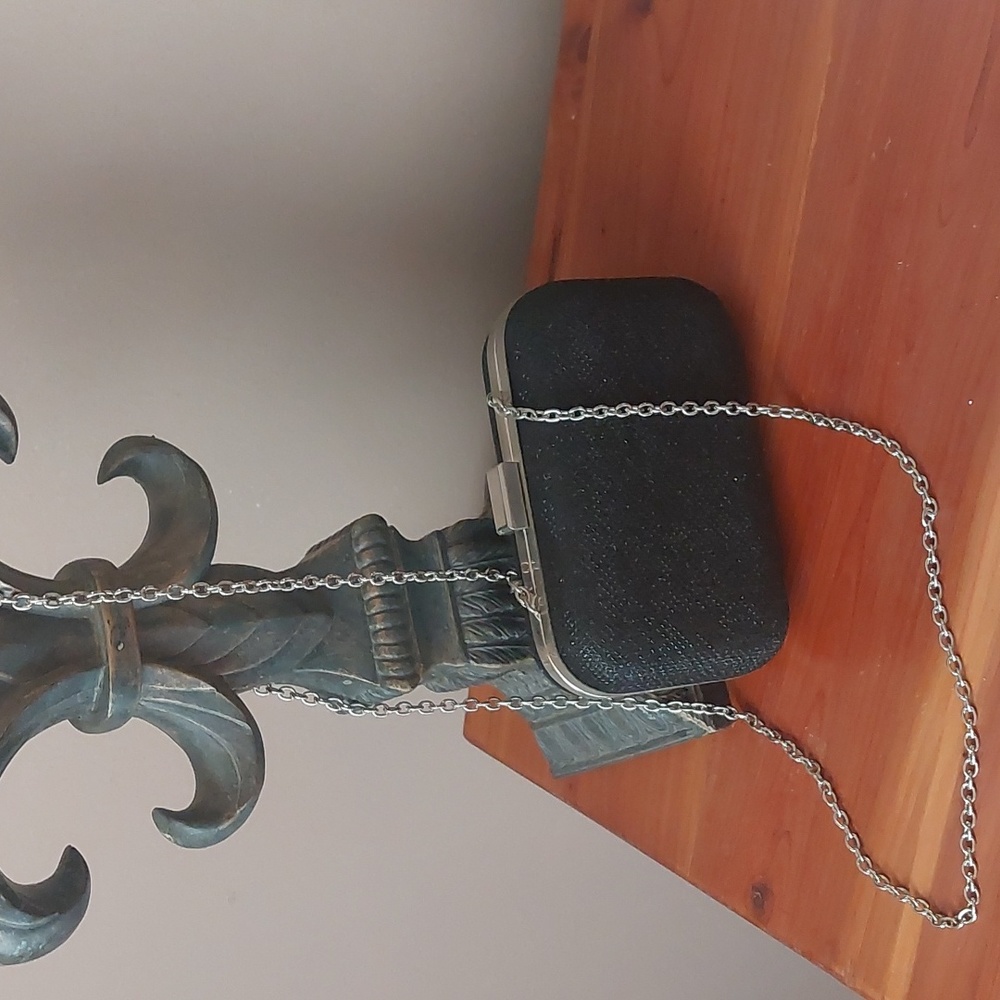 Jessica McClintock Black Glitter Clutch with Silver Chain